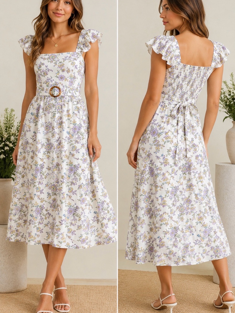 NWT French Connection Floral Belted Midi Dress XS Smocked Back